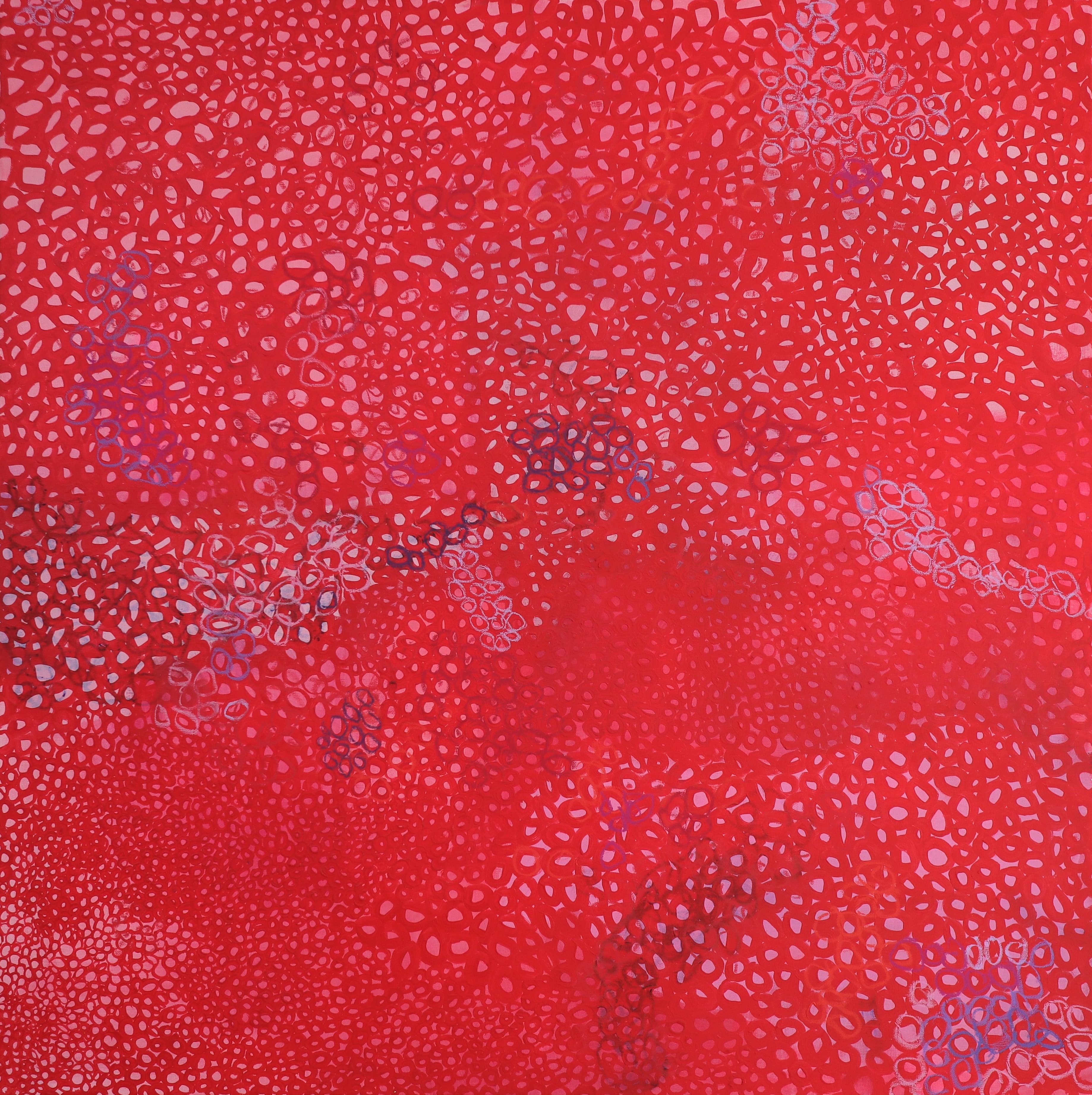 Red and pink abstract painting with cell-like texture and blue-purple circular clusters