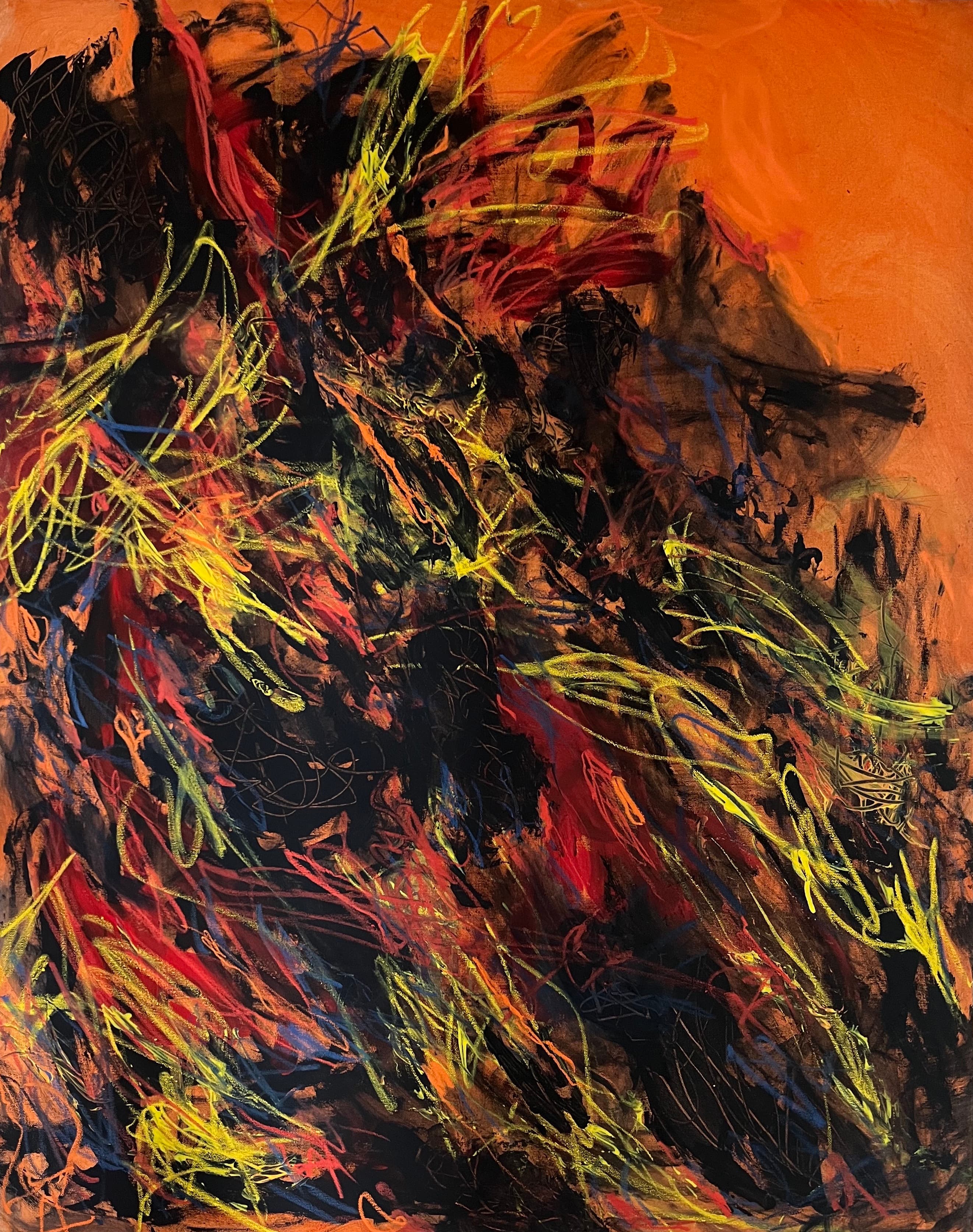 Orange abstract painting with tangled yellow, red, and blue linework