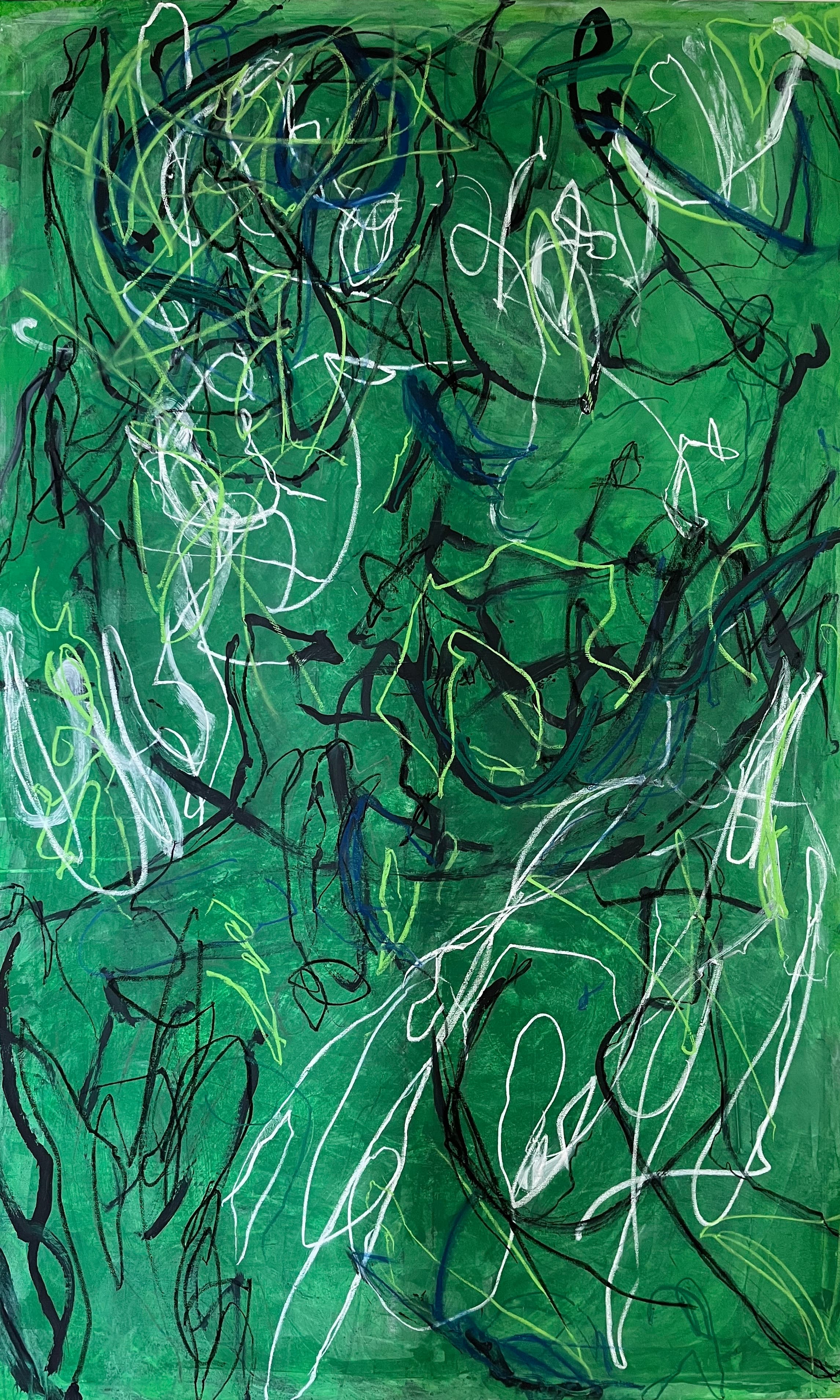Green abstract painting with tangled white, light green, and navy linework