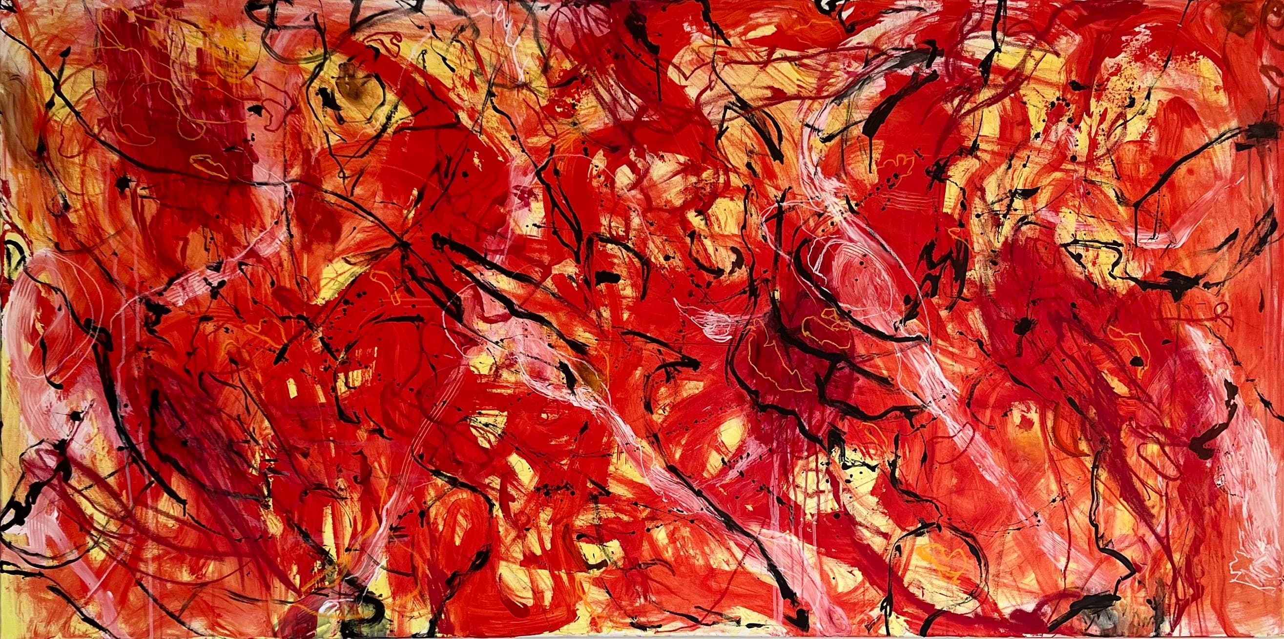Wide red, orange, and yellow abstract painting with dense black scrawled linework and drips